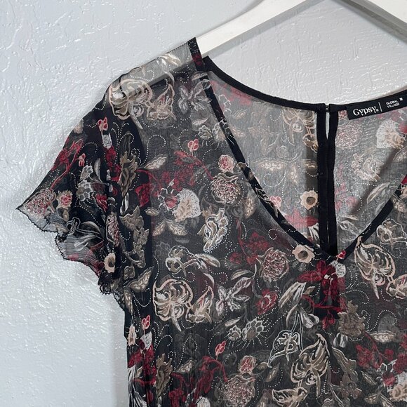 Gypsy 05 Women M Black Cream Red Floral Midi Dress Sheer Flutter Sleeve Hanky - Picture 4 of 10